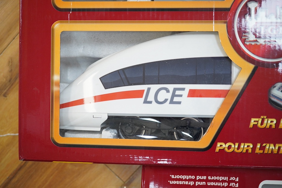 A boxed LGB G scale (45mm gauge) LCE train set (78600) together with an additional restaurant car (30604). Condition - good.